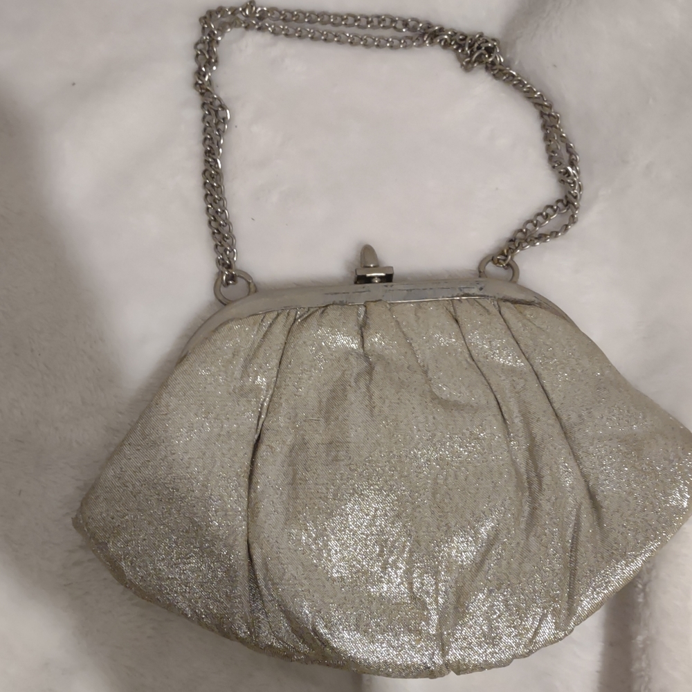Vintage Silver Glitter clutch purse with chain strap.